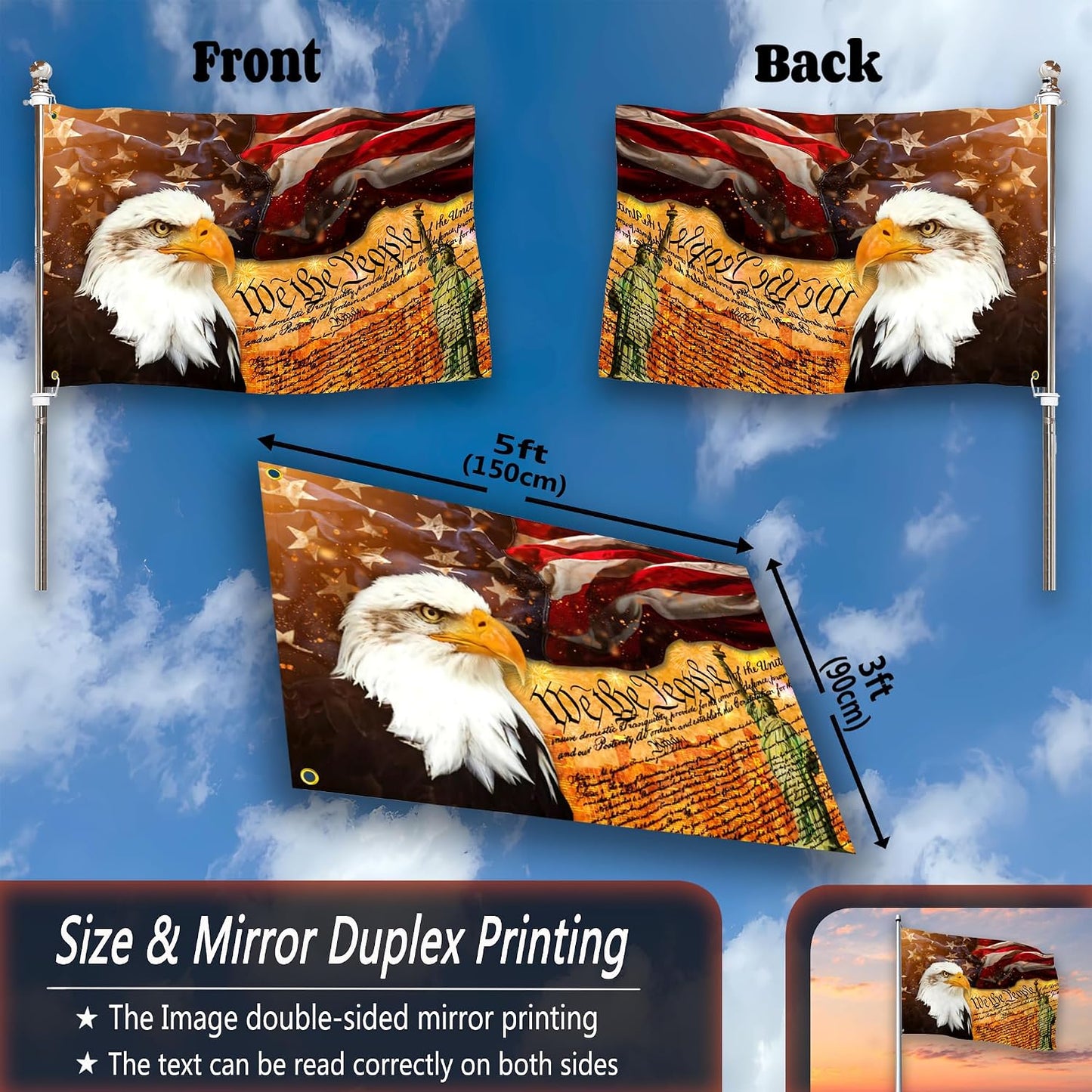 Bandera 4 de Julio 3x5ft doble cara con águila