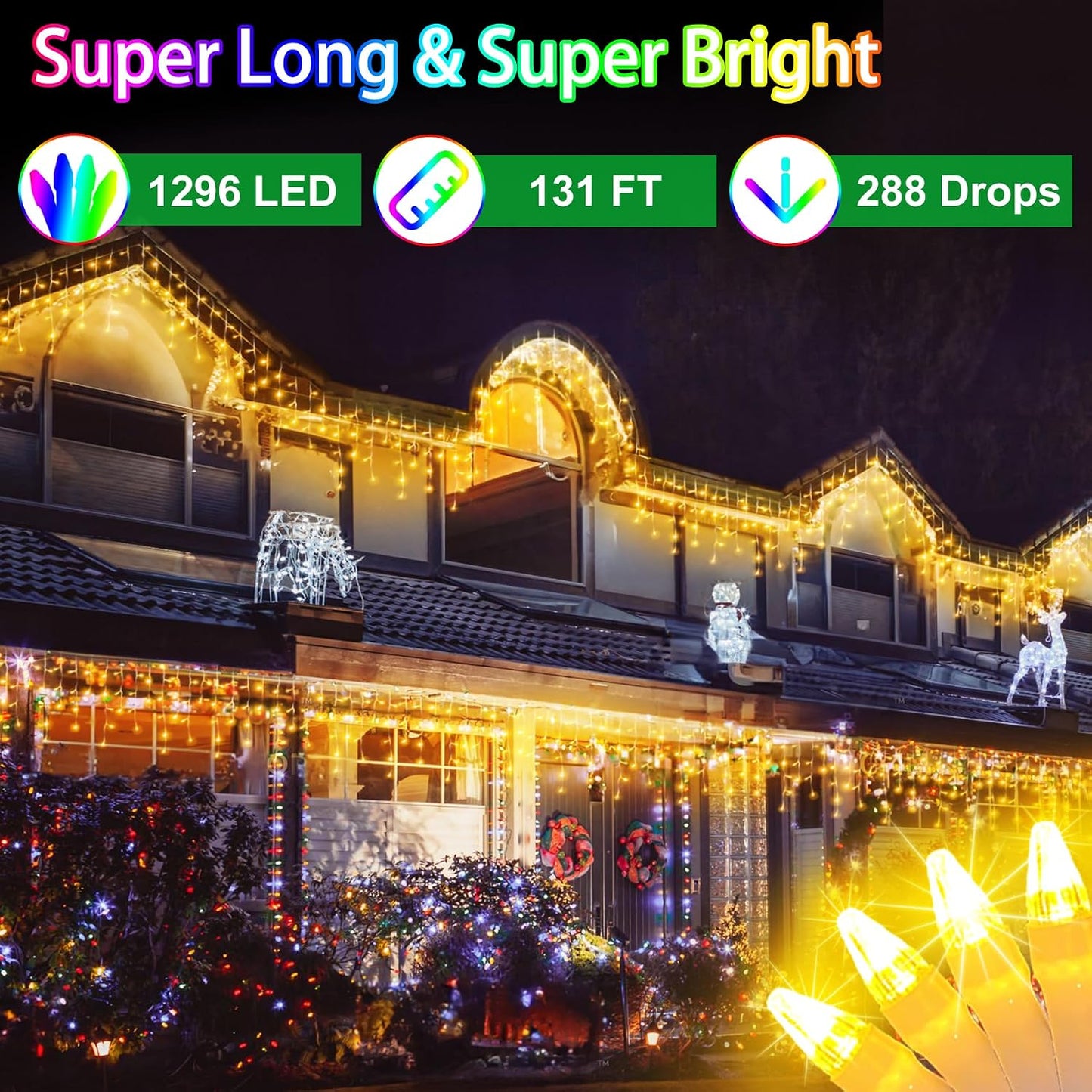 Luces LED Navidad colgantes 131ft 288 gotas impermeables