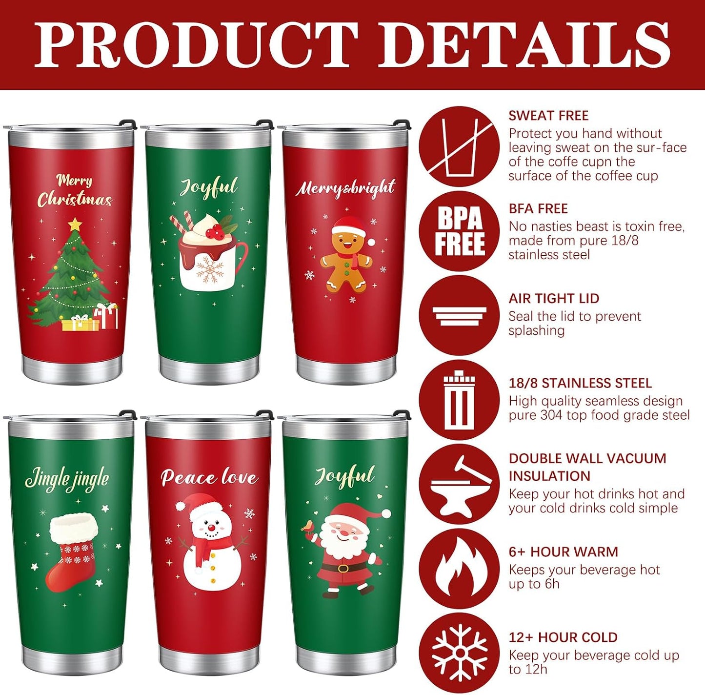 6 Tazas Viaje Navidad 20oz Acero Inox Aislamiento Doble