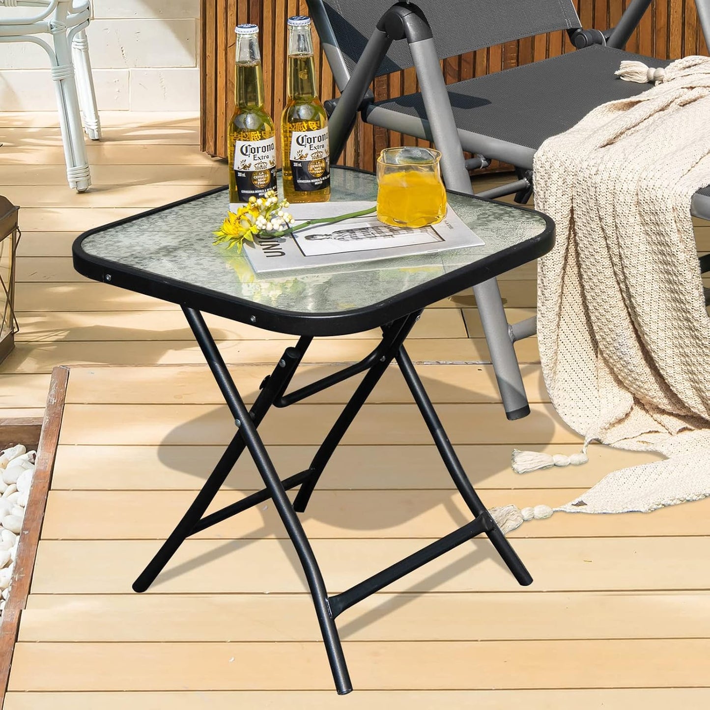 Mesa bistró cuadrada vidrio 18" marco negro plegable