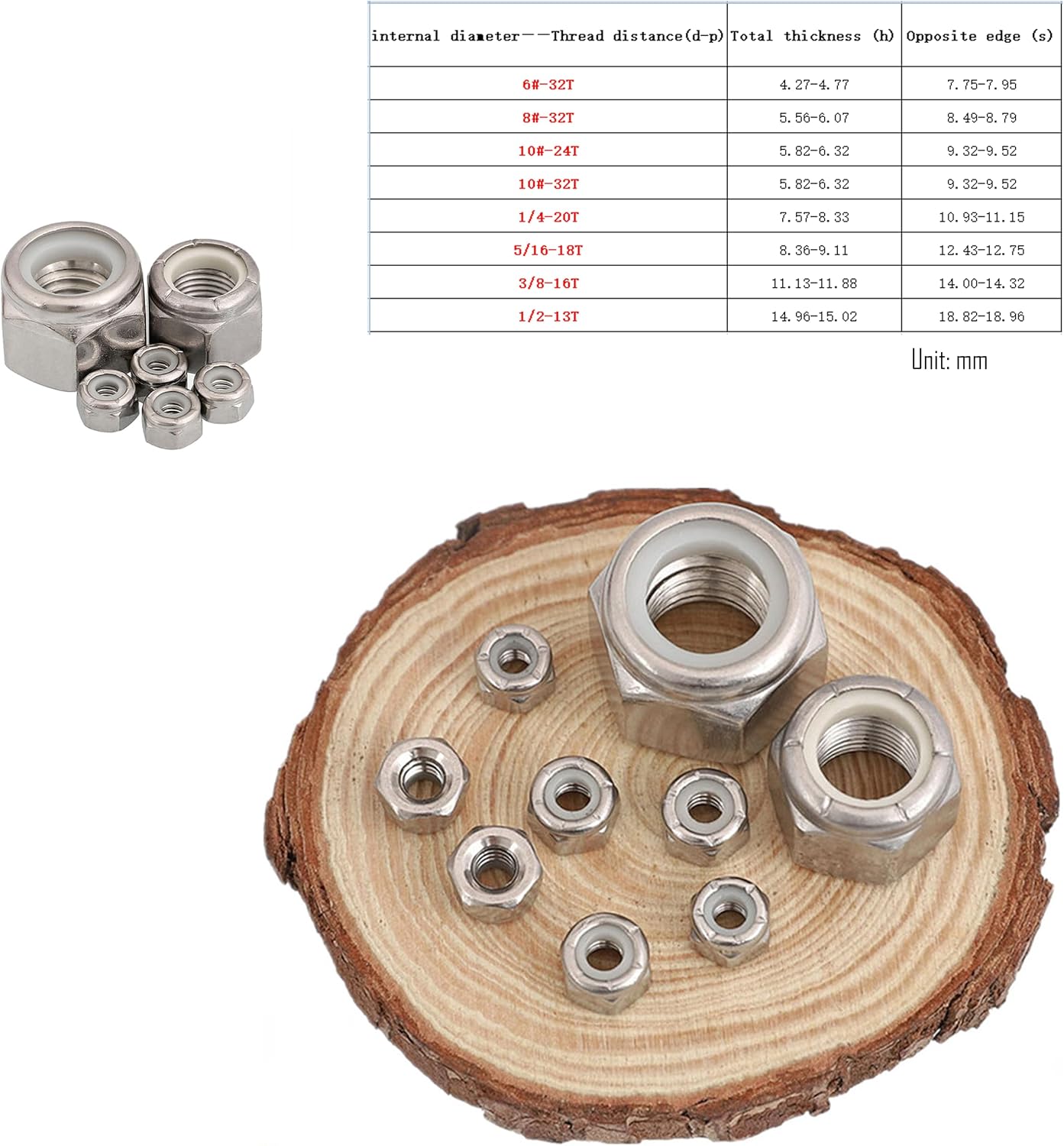 50 Tuercas Bloqueo Hex 1/4-20 Acero Inox 304 Plateado