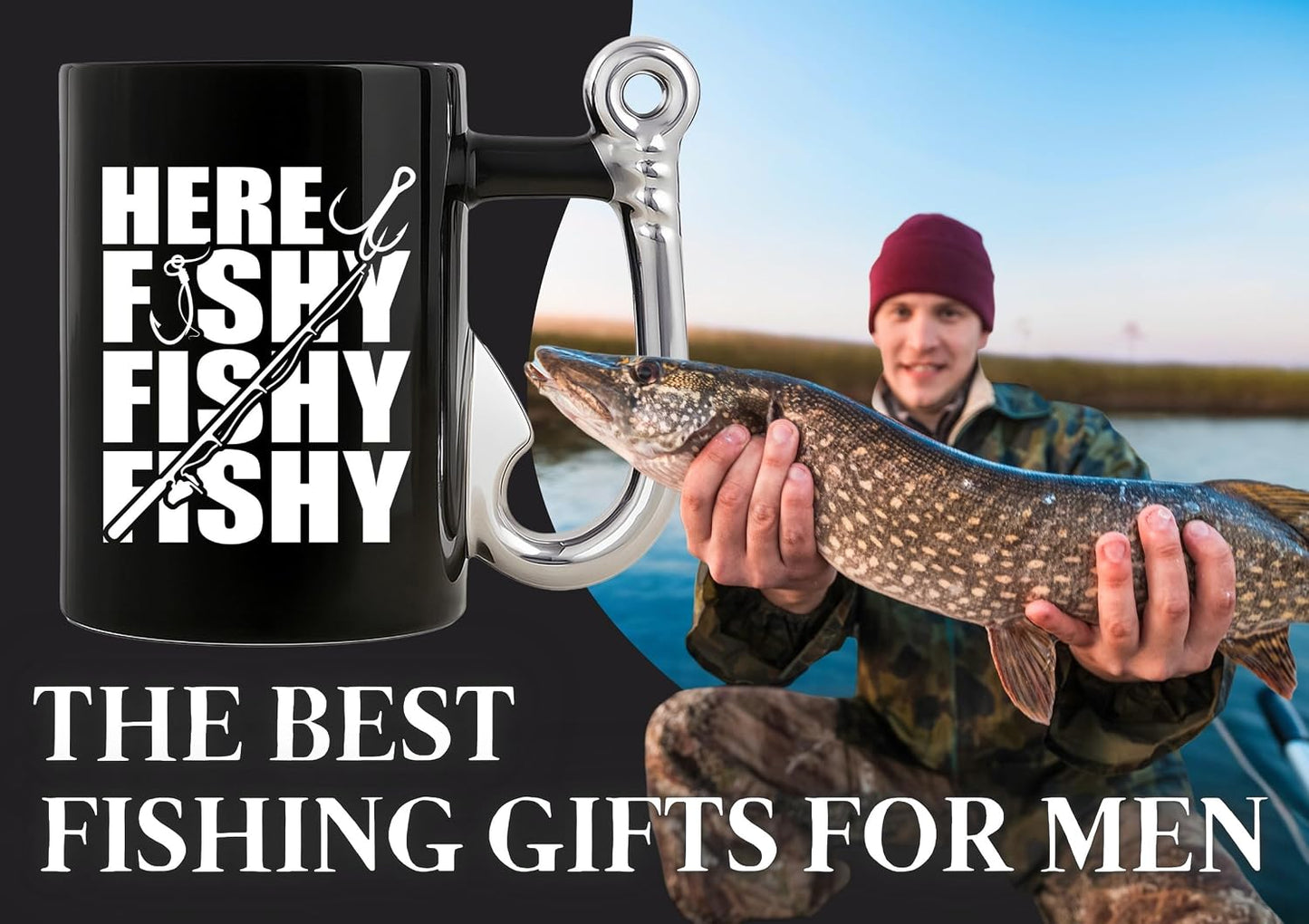 Taza café con gancho pesca 13.5oz cerámica navidad