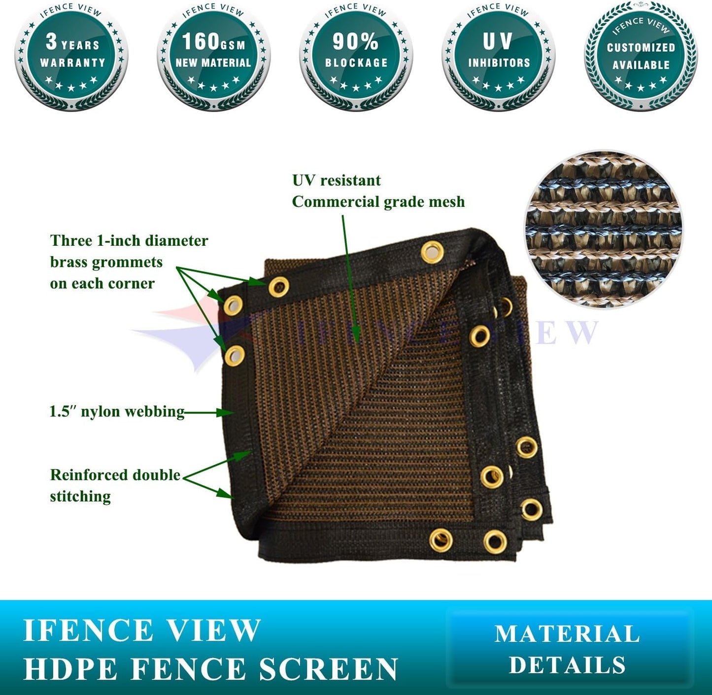 Tela sombra malla privacidad 4x5' para patio jardín 160 GSM