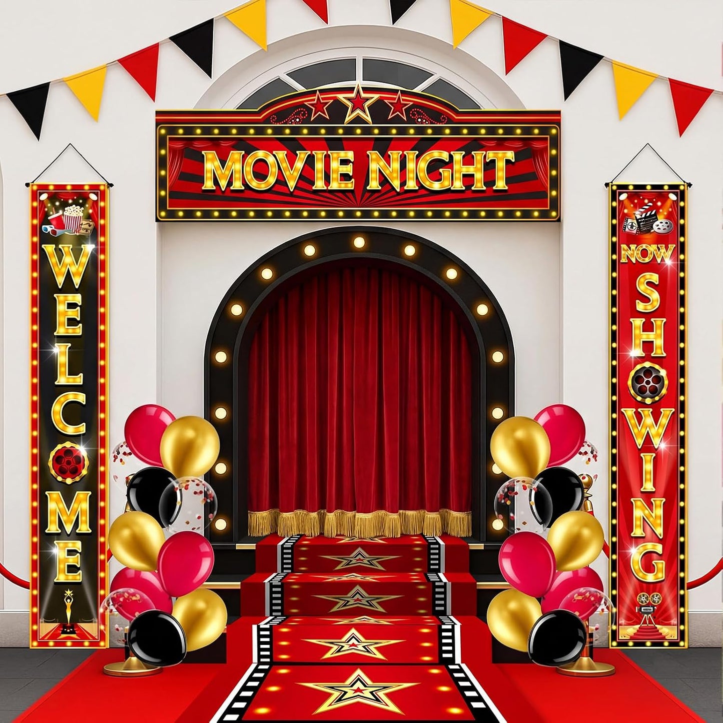 Kit 25 Pzas Decoración Fiesta Cine Letrero Alfombra Roja