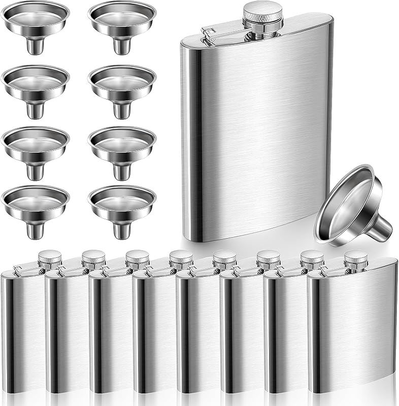 Set 8 Pzas Frascos Acero Inox 8oz con Embudo para Bodas