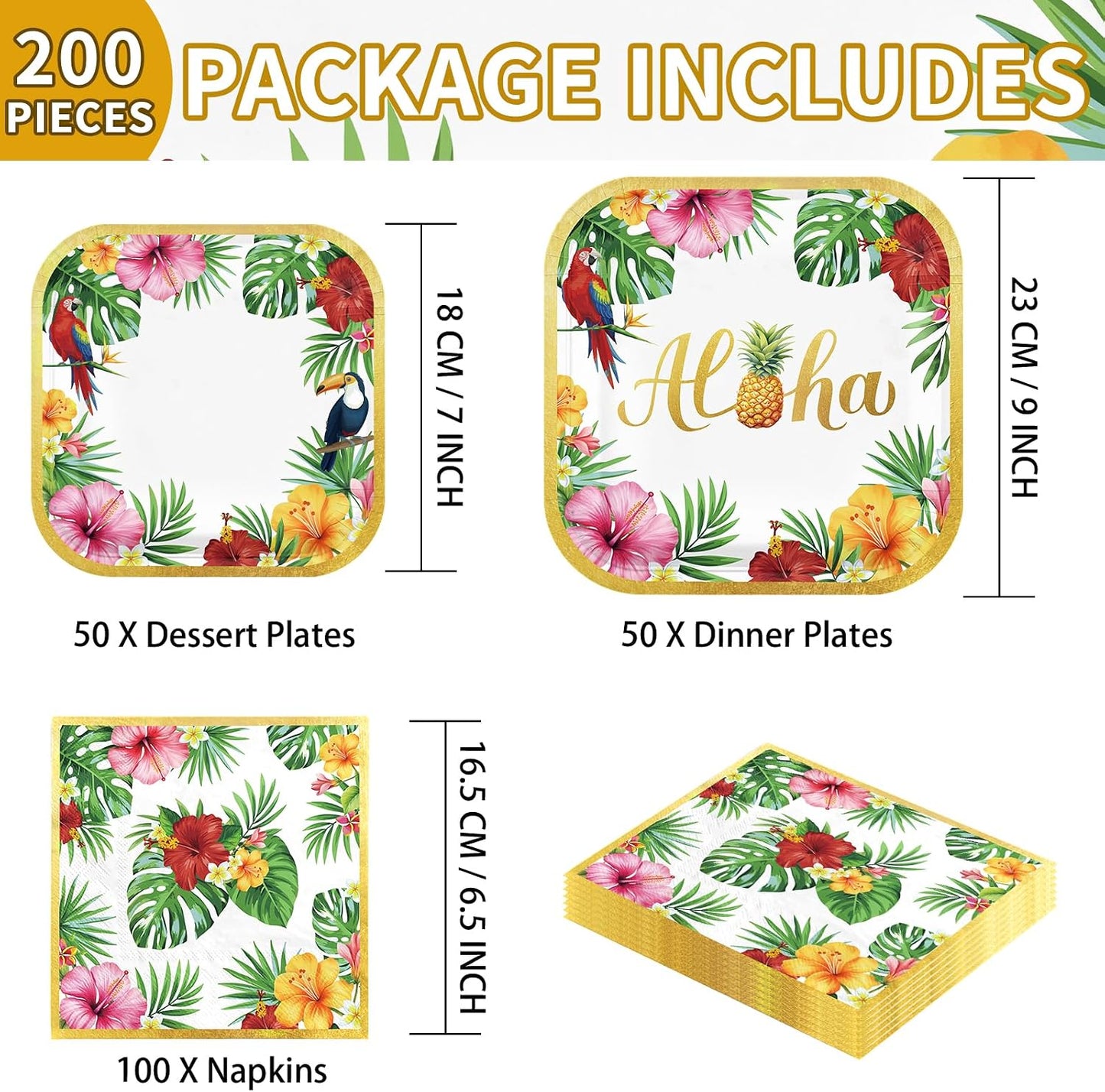 Set 200 platos servilletas hojas palmera hawaiana para fiestas