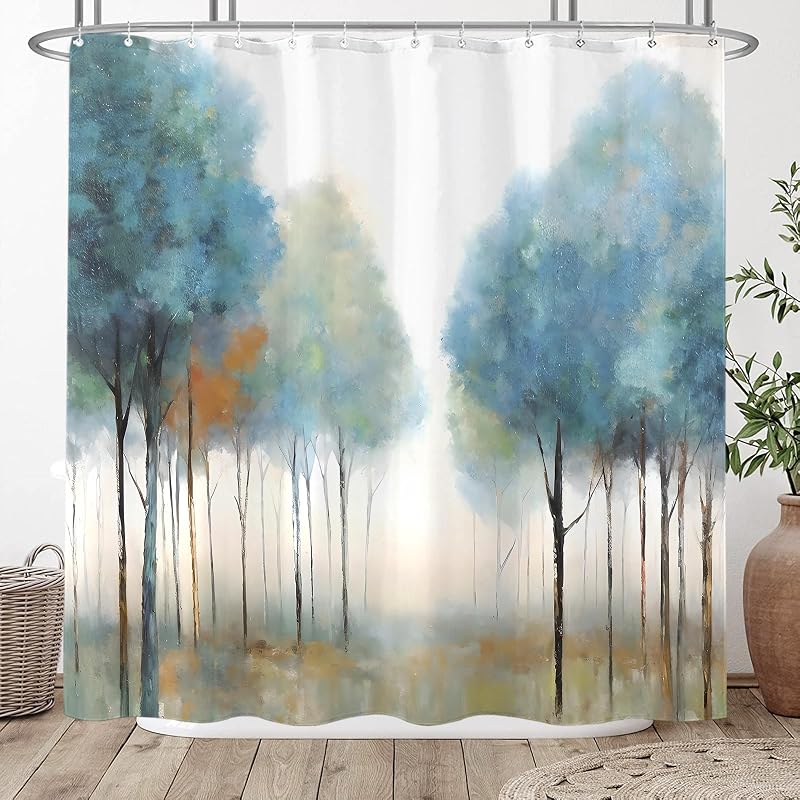 Cortina ducha azul con árbol 182,8x182,8cm 12 ganchos