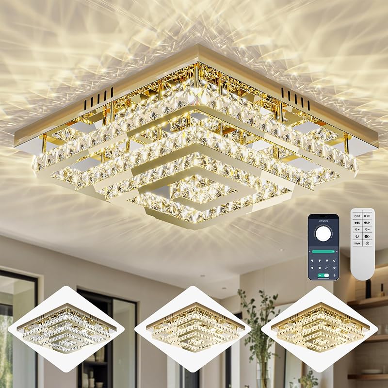 Candelabro cristal dorado 34pulg control remoto led sala
