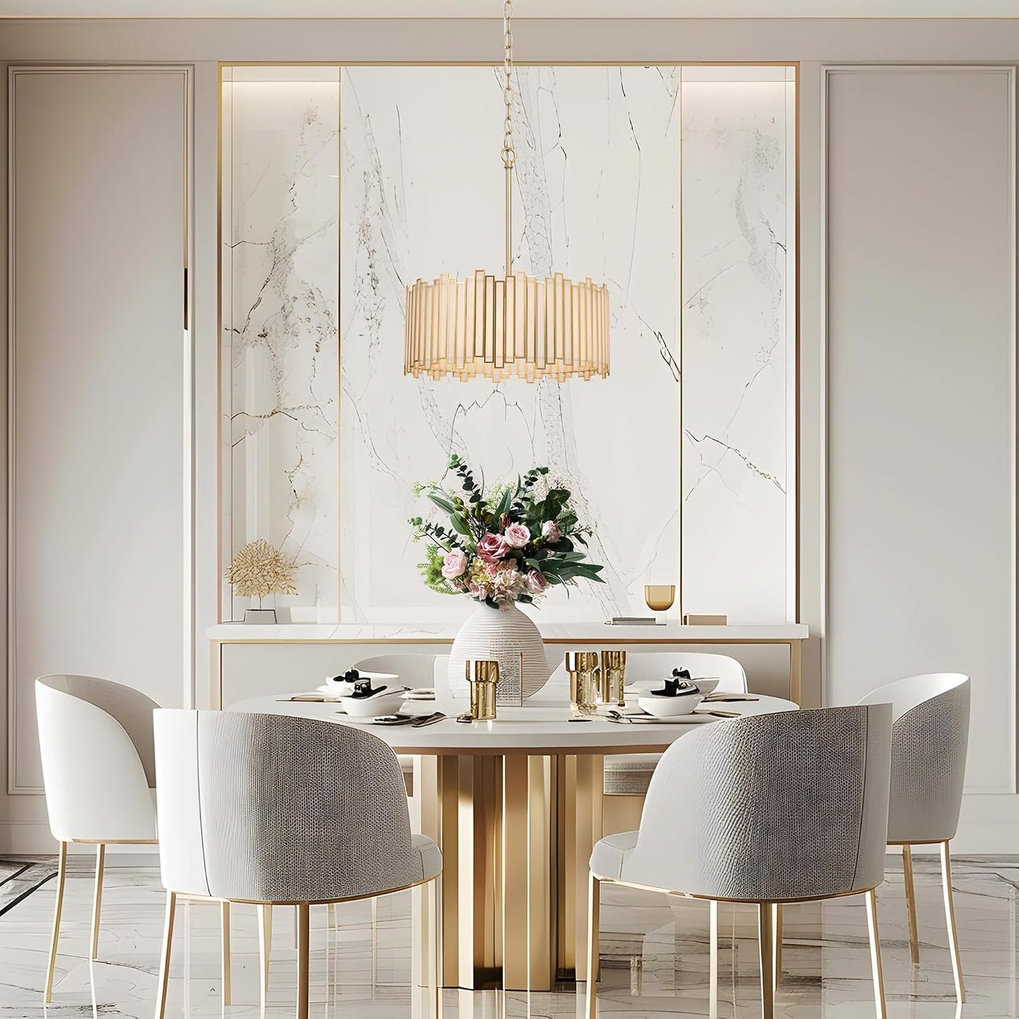 Candelabro de tambor dorado con pantalla vidrio crema