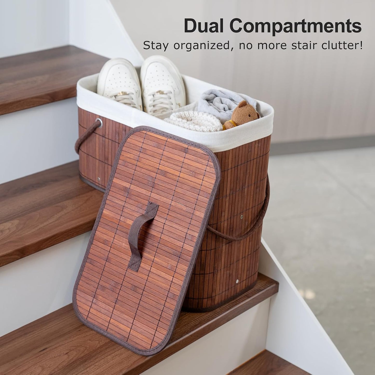 Cesta escalera con tapa asa organiz. bambú marrón