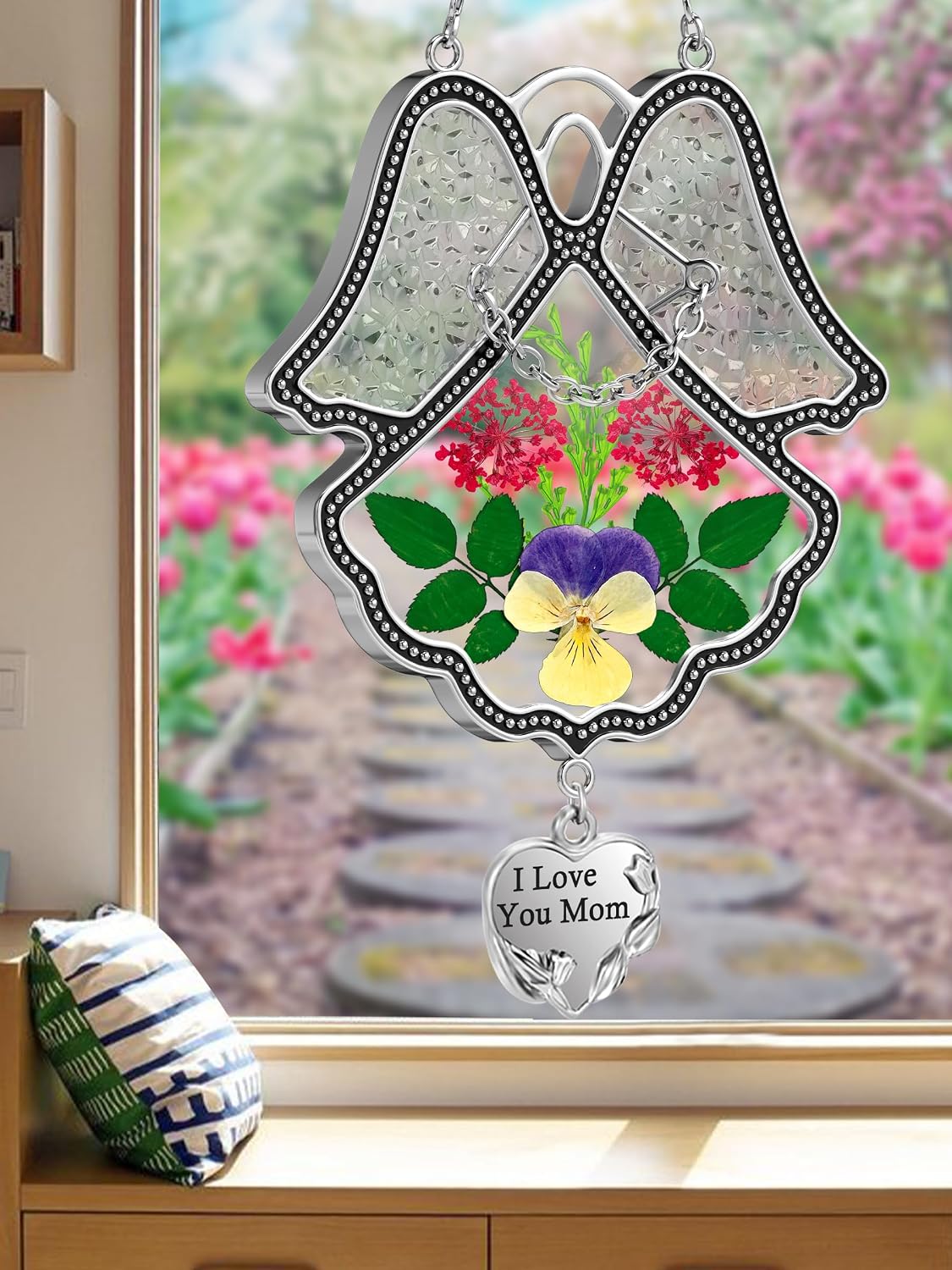 Atrapasoles vidrio dije corazón flores campanilla