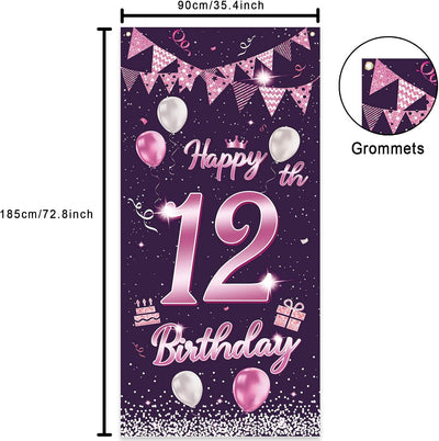 Cartel cumpleaños 12 años globos rosa decoración puerta