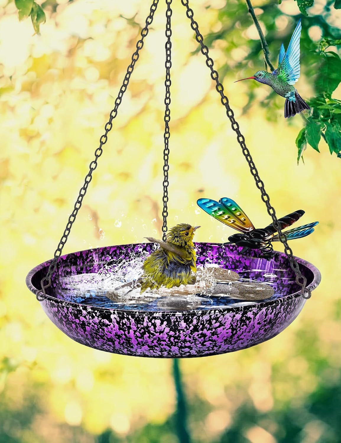 Baño colgante pájaros 11" cuenco metal color púrpura y azul