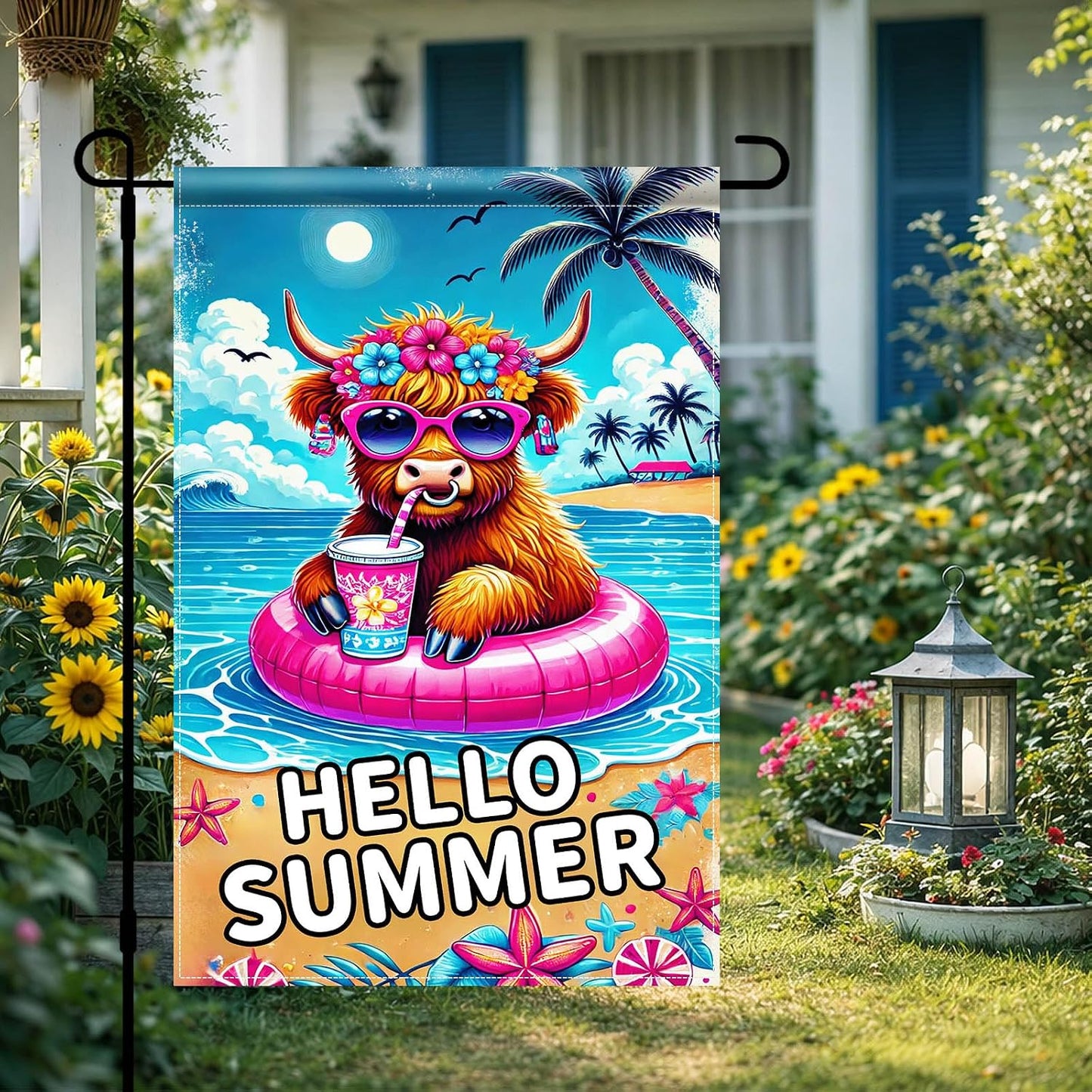 Bandera jardín doble cara hello summer 12x18pulg tropical