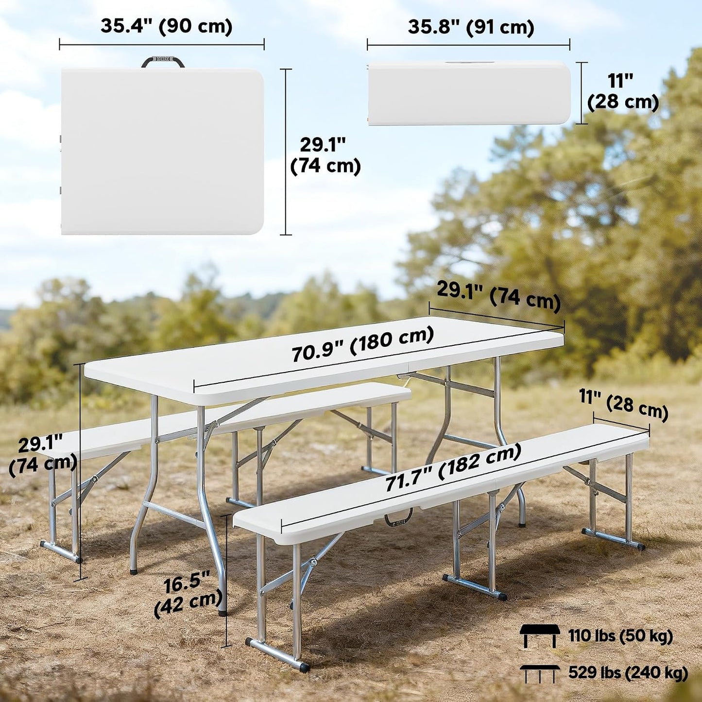 Set 3 Pzas Mesa Picnic Plegable Sillas Asas Transporte