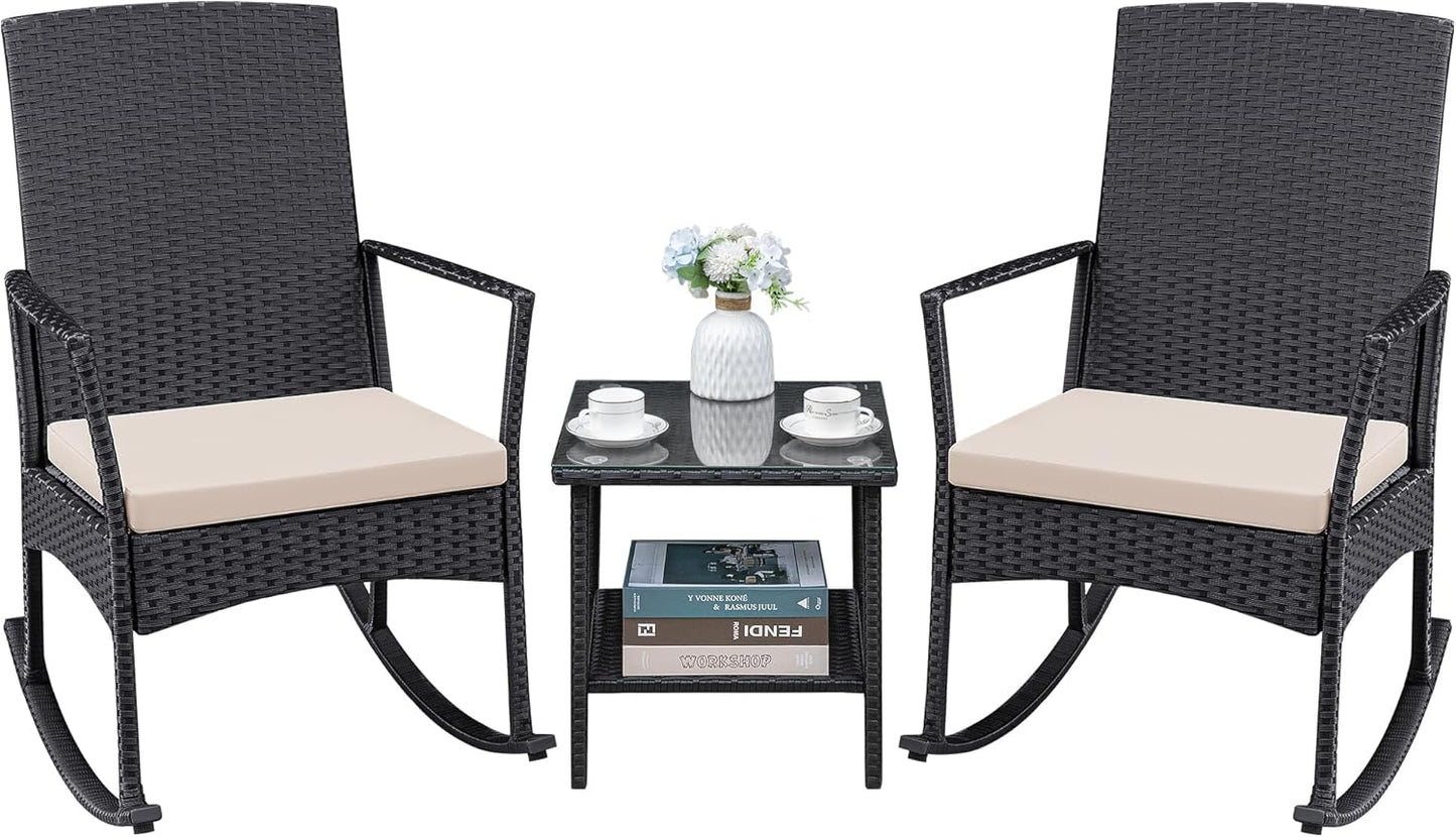 Set 3 Pzas Sillas Mimbre Mesa Vidrio Jardín Beige