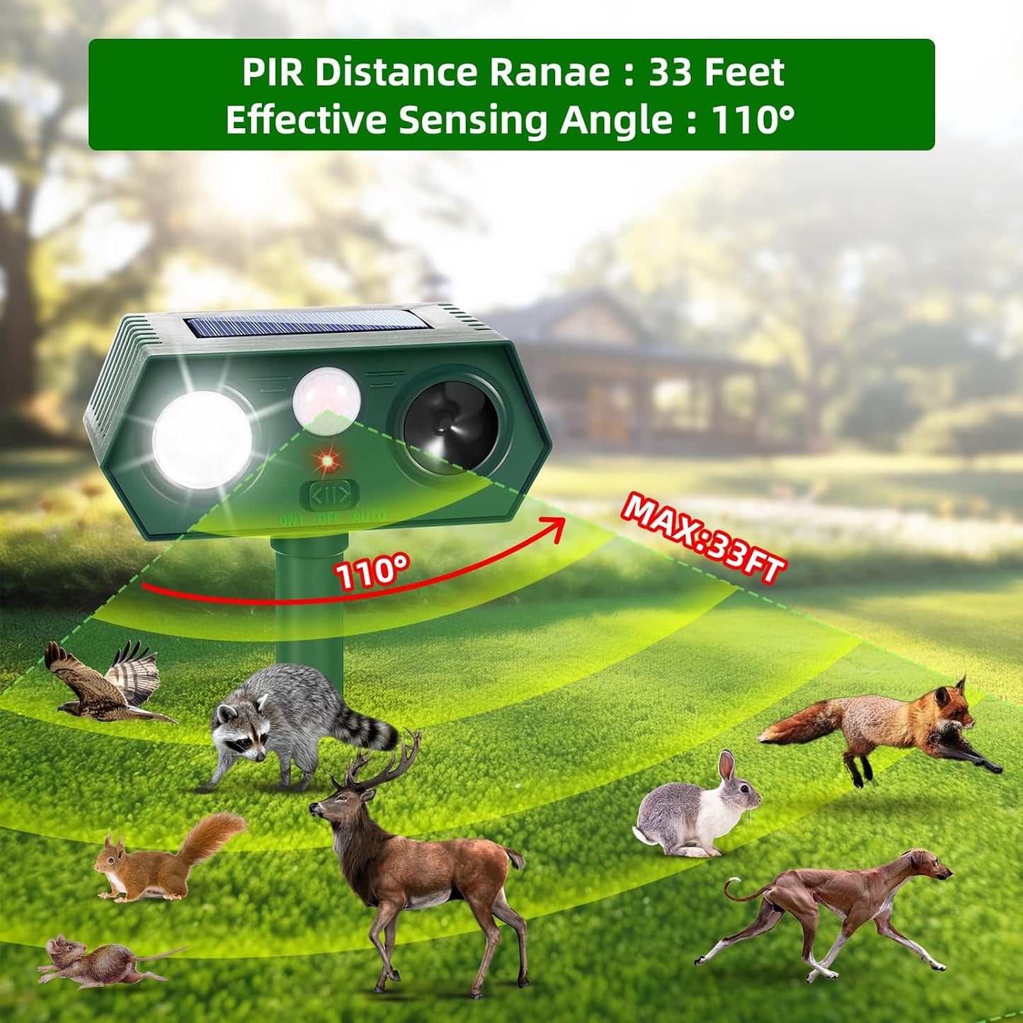 Repelente animales ultrasónico solar con sensor y LED