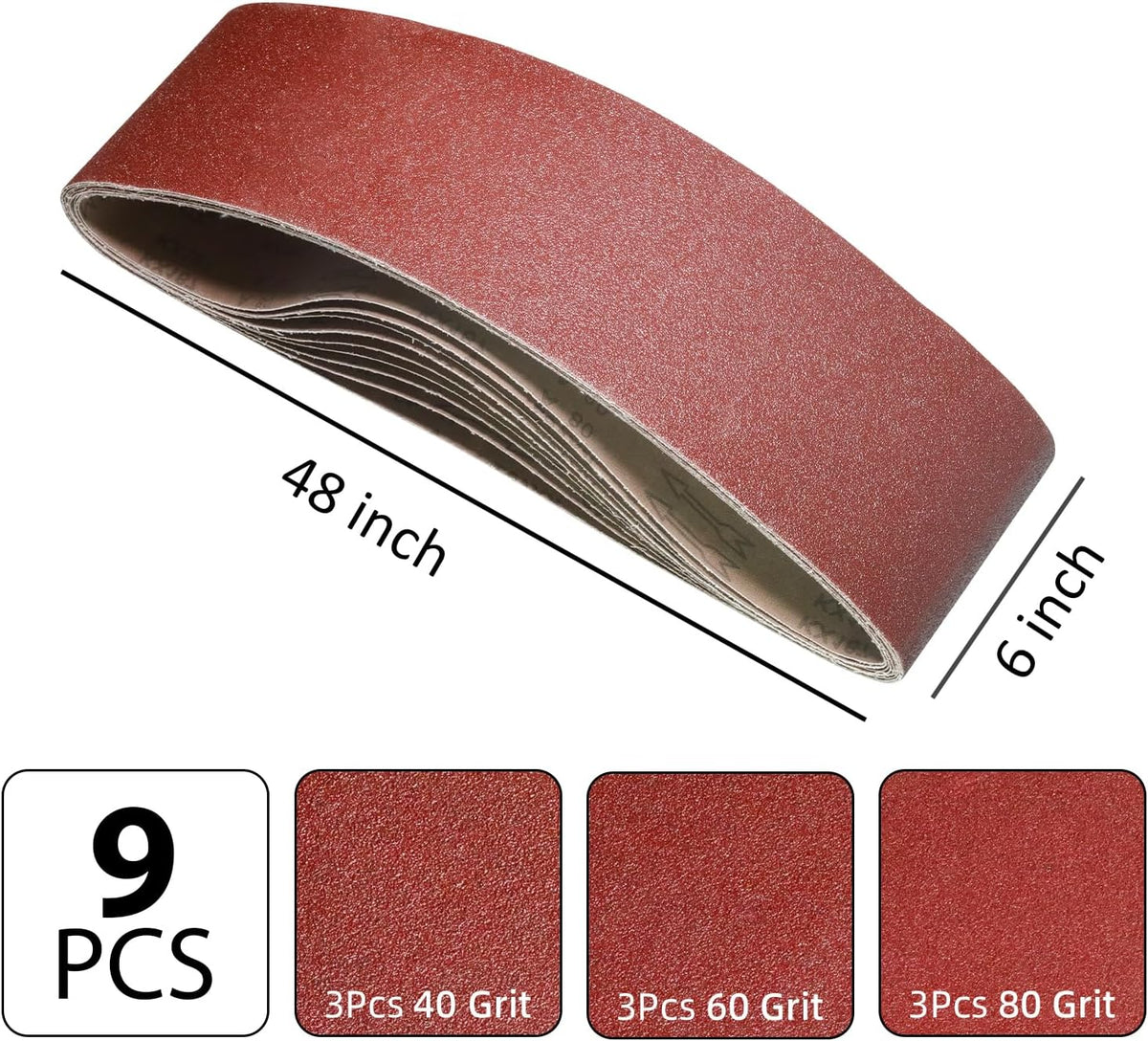 Pack 9 correas lijado 6x48 pulg 40 60 80 grano aluminio