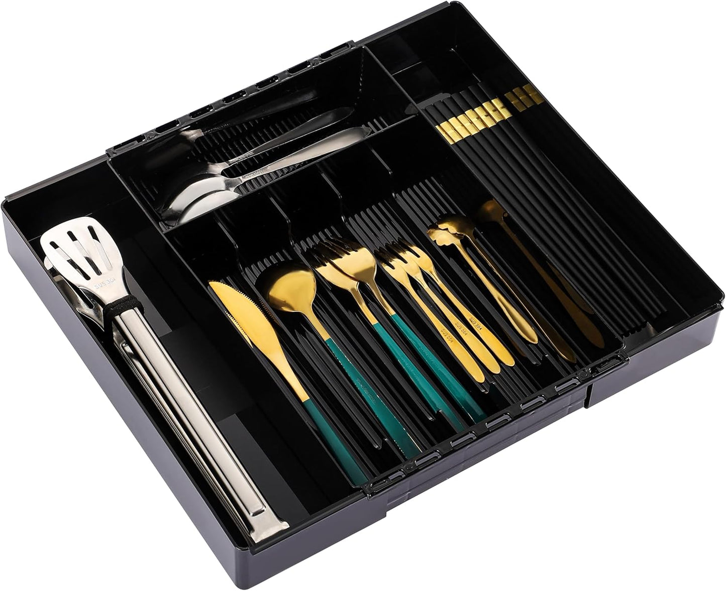 Organiz. cubiertos cajón cocina expandible ajustable negro