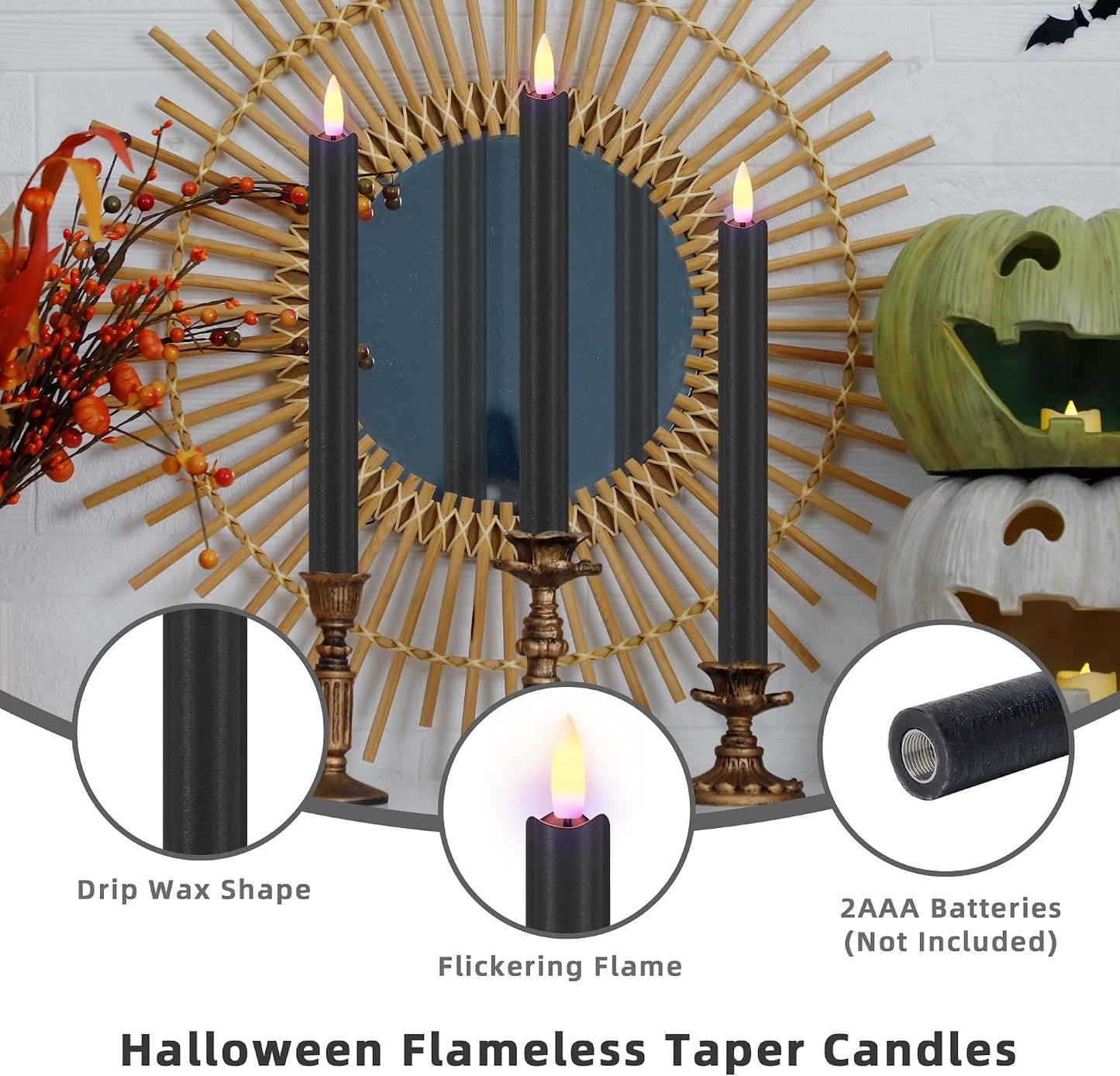 Velas cónicas negras set 3 candelabros led 9.64pulg