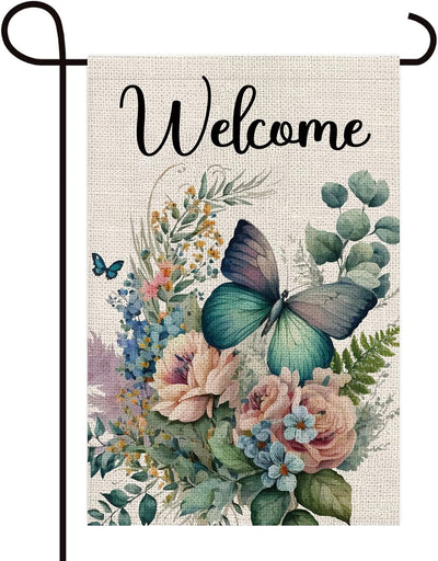 Bandera arpillera doble cara mariposa floral 12x18pulg