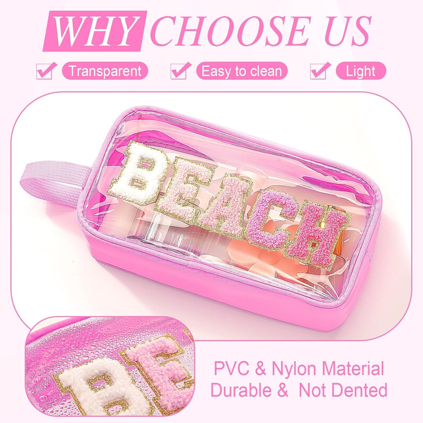 Bolsas maquillaje transparente con asa chenilla para viaje y playa