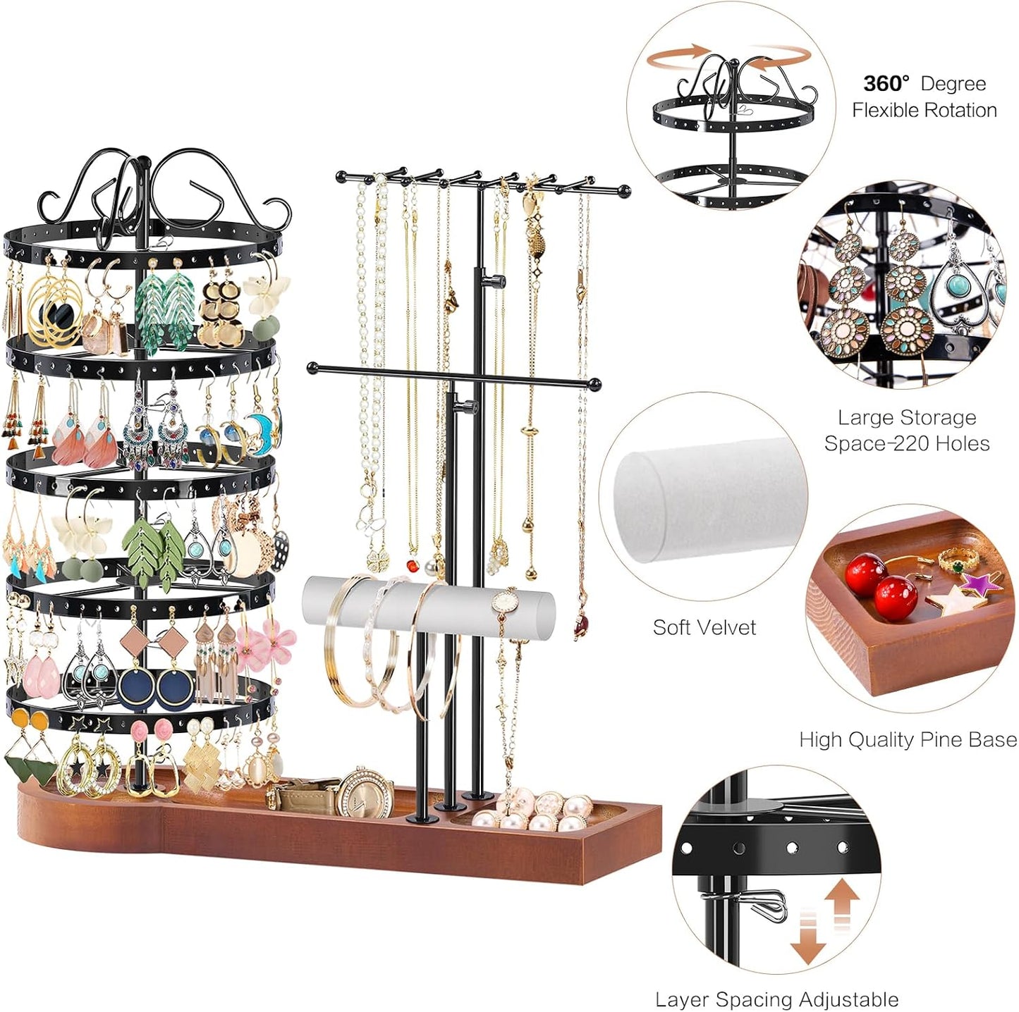 Soporte giratorio aretes y joyas 5 niveles madera