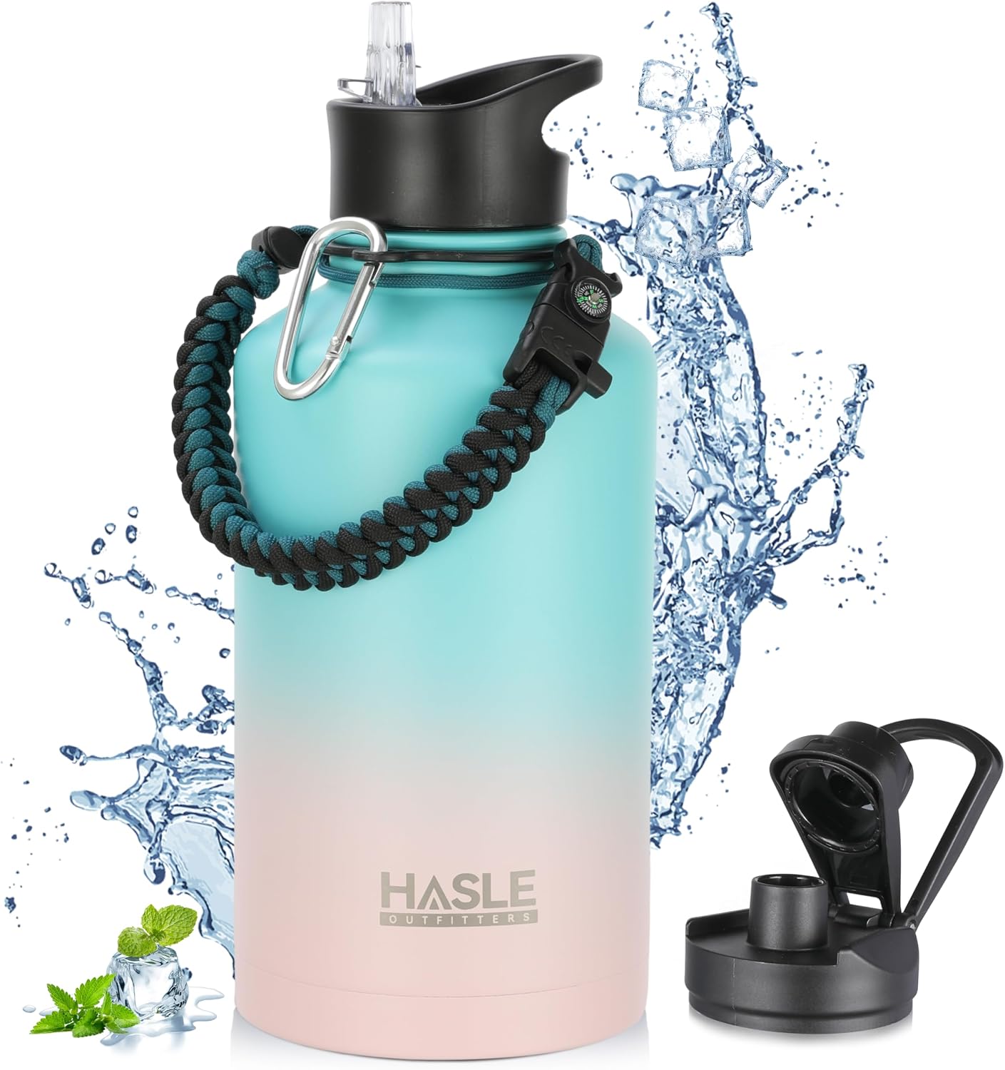 Botella agua acero inox 64oz 2 tapas aislada 48h