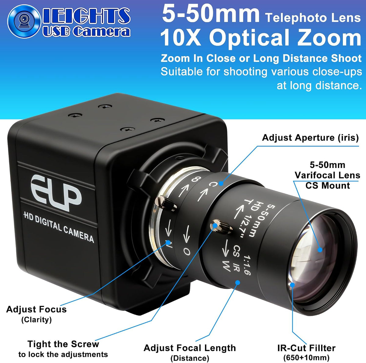 Cámara USB 5mp 1440P60fps zoom 10x enfoque variable CS Mount