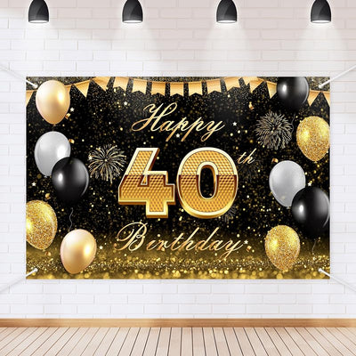 Cartel cumpleaños 40 negro dorado purpurina 72x43pulg