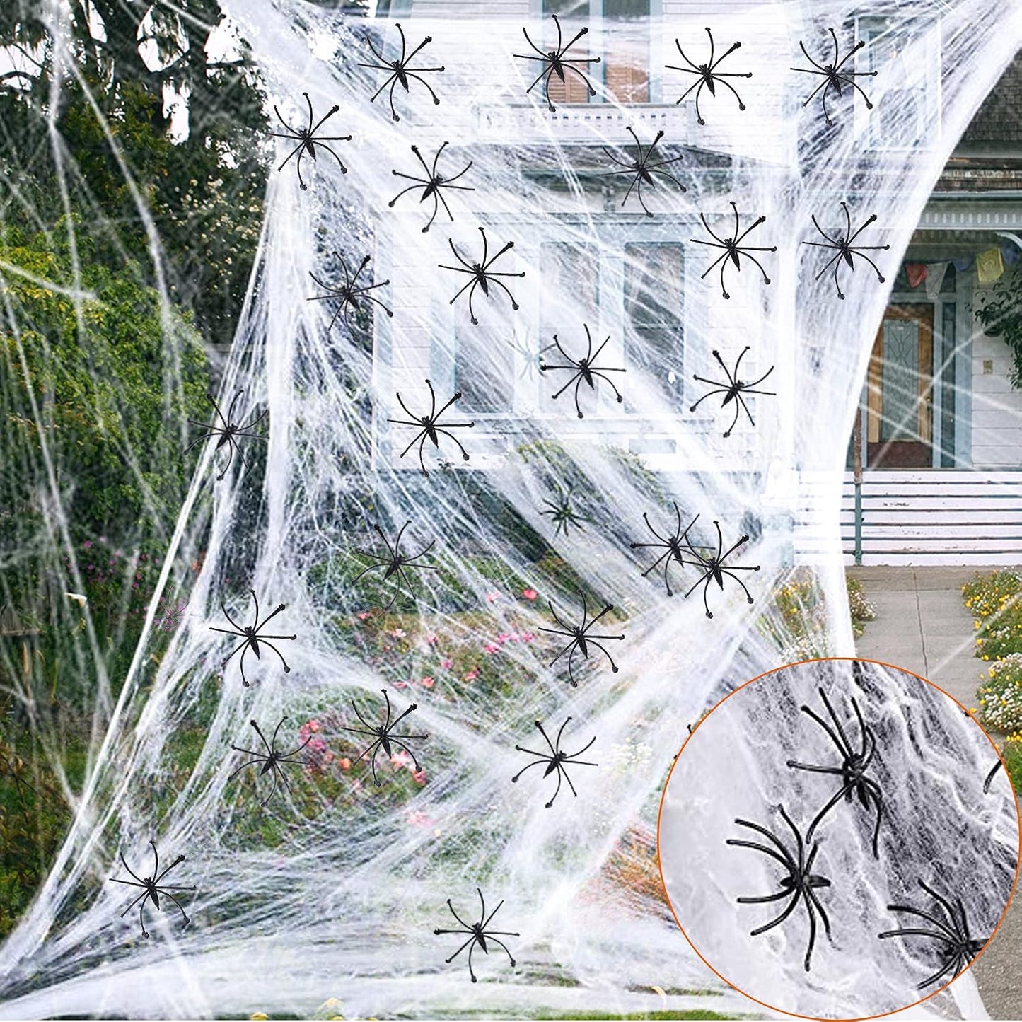 Decoración telaraña Halloween 1000ft² 100 arañas falsas