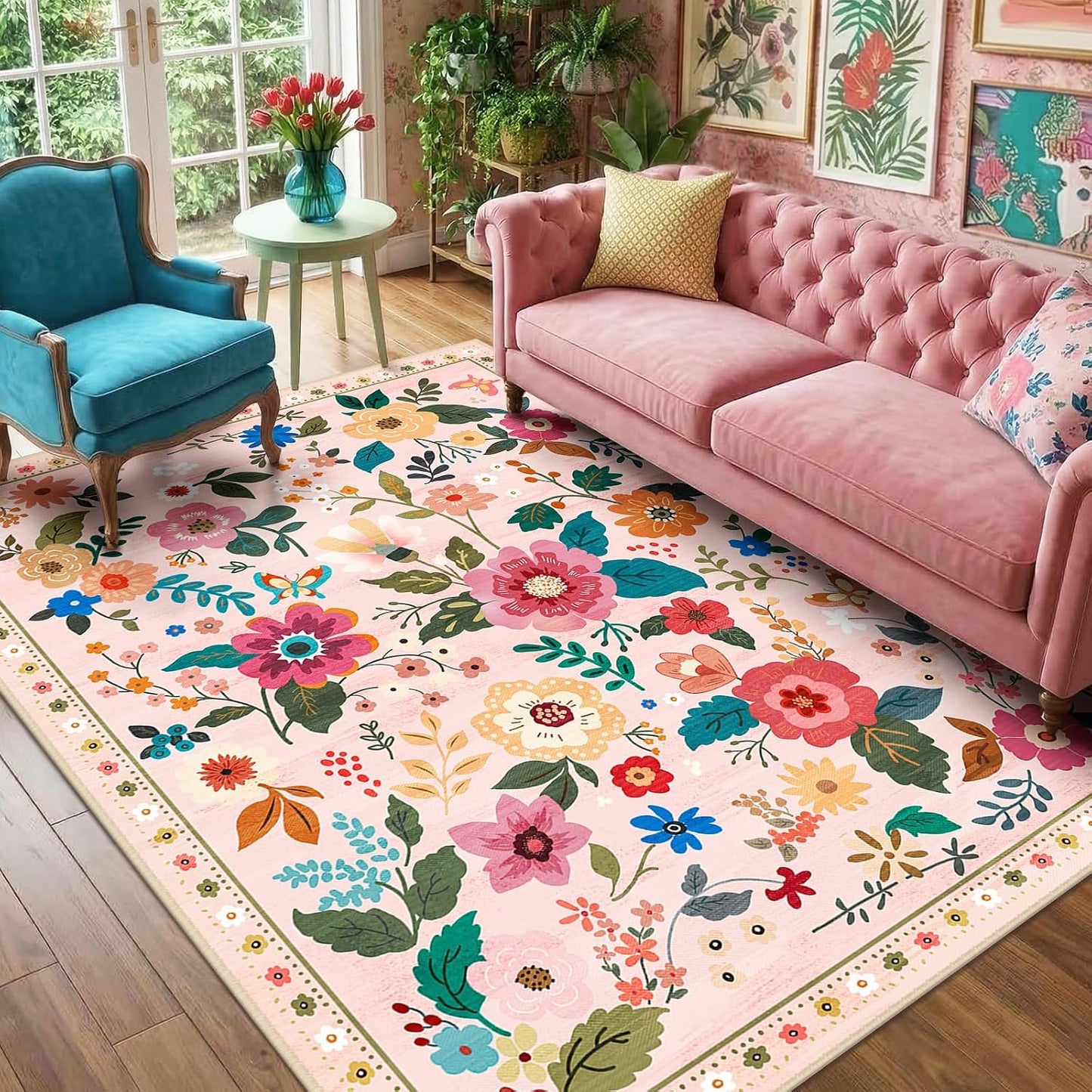 Alfombra floral antiderrap sala dormitorio rosa