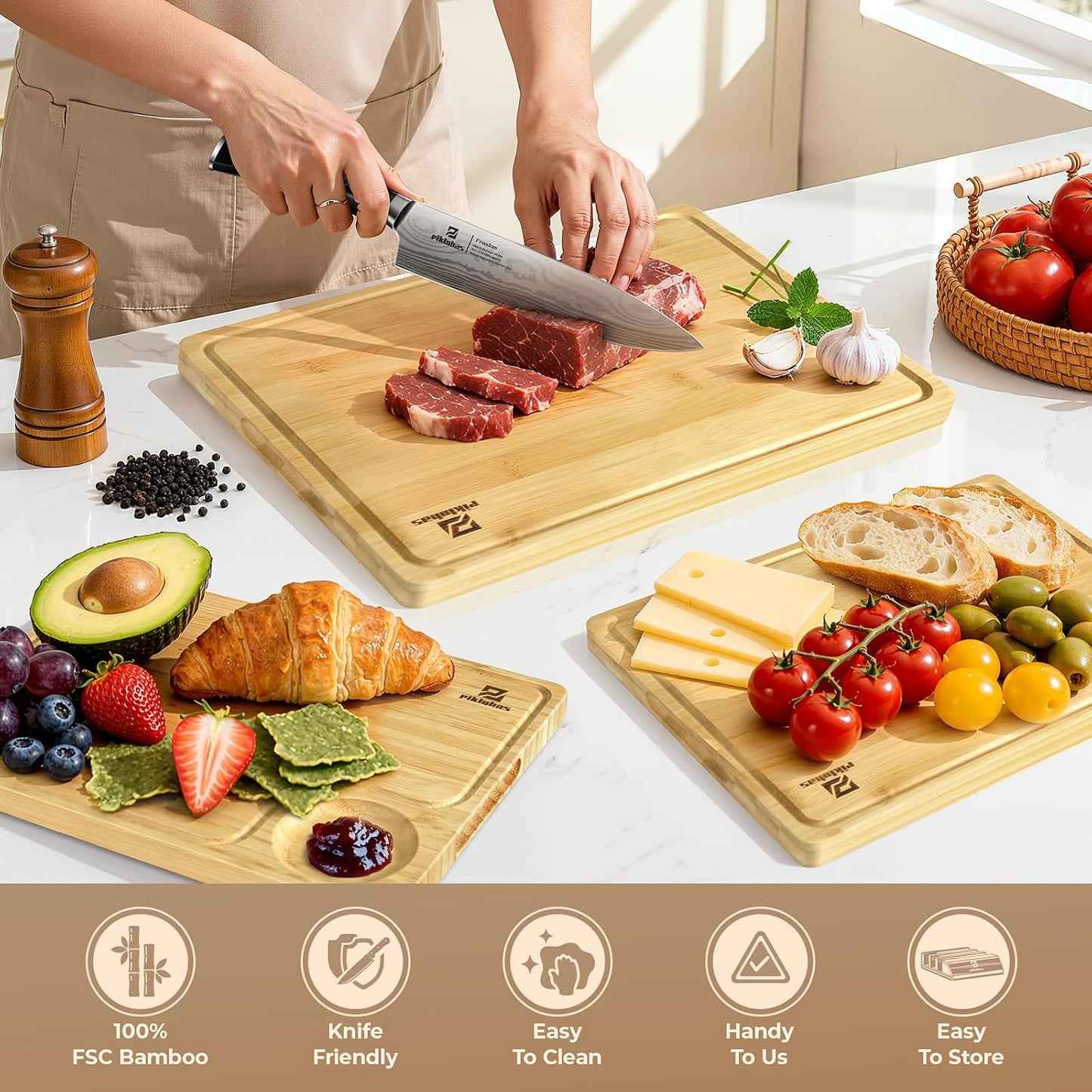 Set 4 Tablas Cortar Bambú Cocina con Soporte Antiderrap