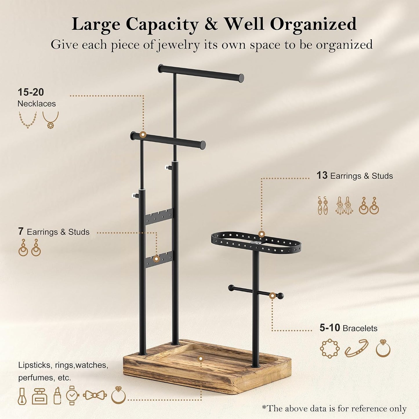 Soporte giratorio ajustable para collares y aretes negro