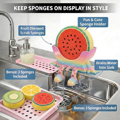 Soporte para esponjas divertido con 3 esponjas de frutas, estante 3D con drenaje y organizador de encimera
