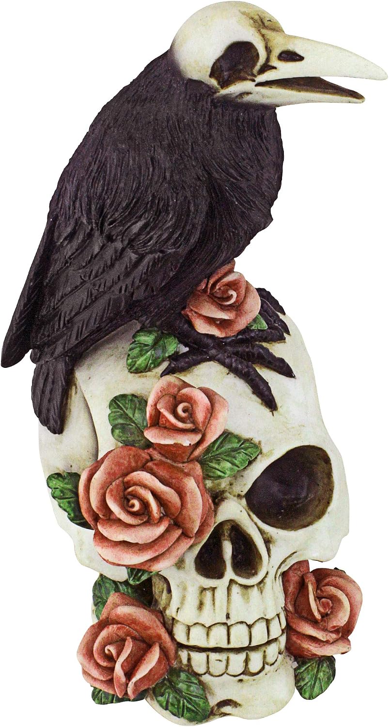 Estatua Cráneo Gótico Día de los Muertos Cuervo y Rosas