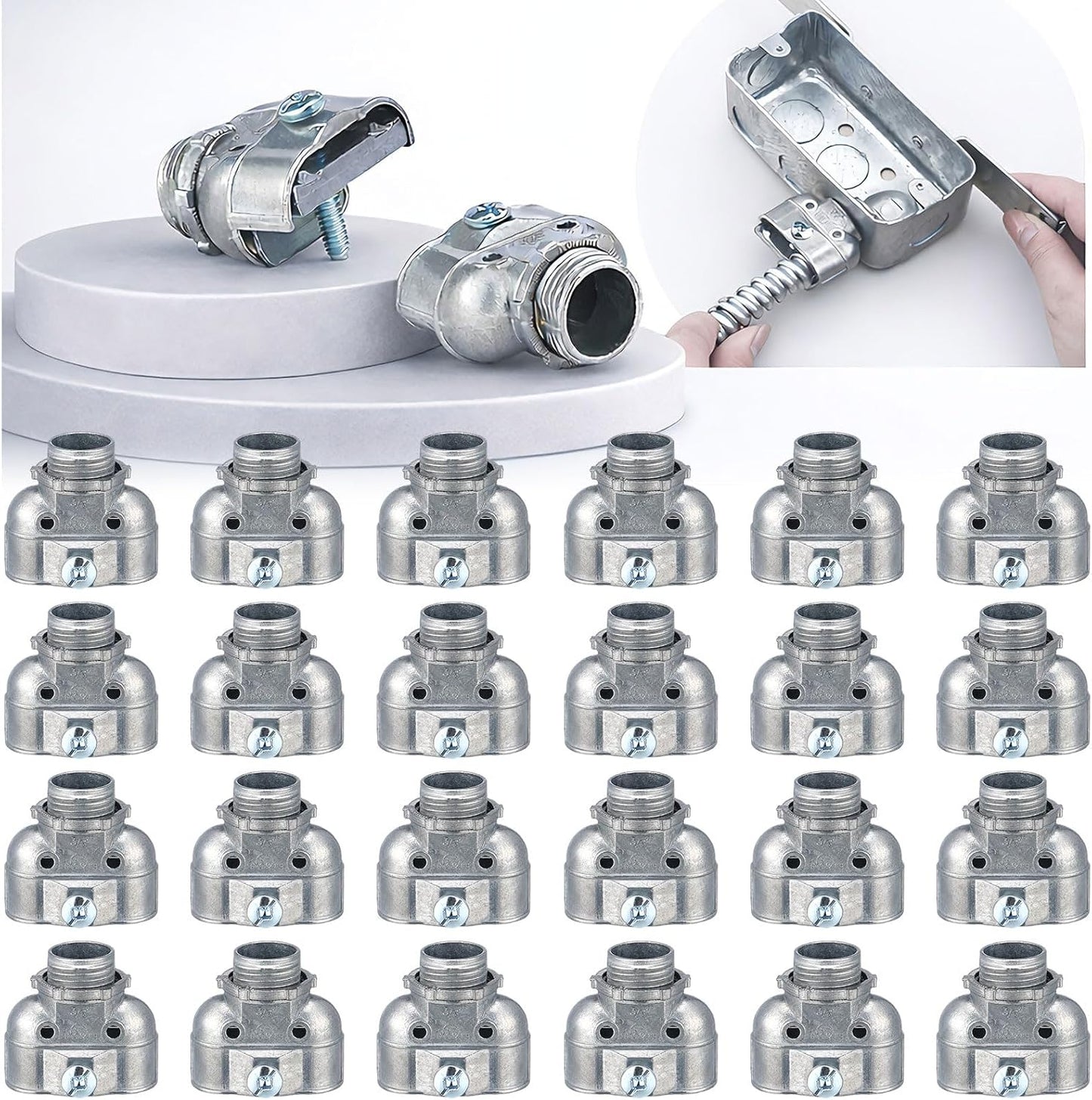 24 Pzas Conector Dúplex Metal Flexible 3/8 para Cable AC/NM