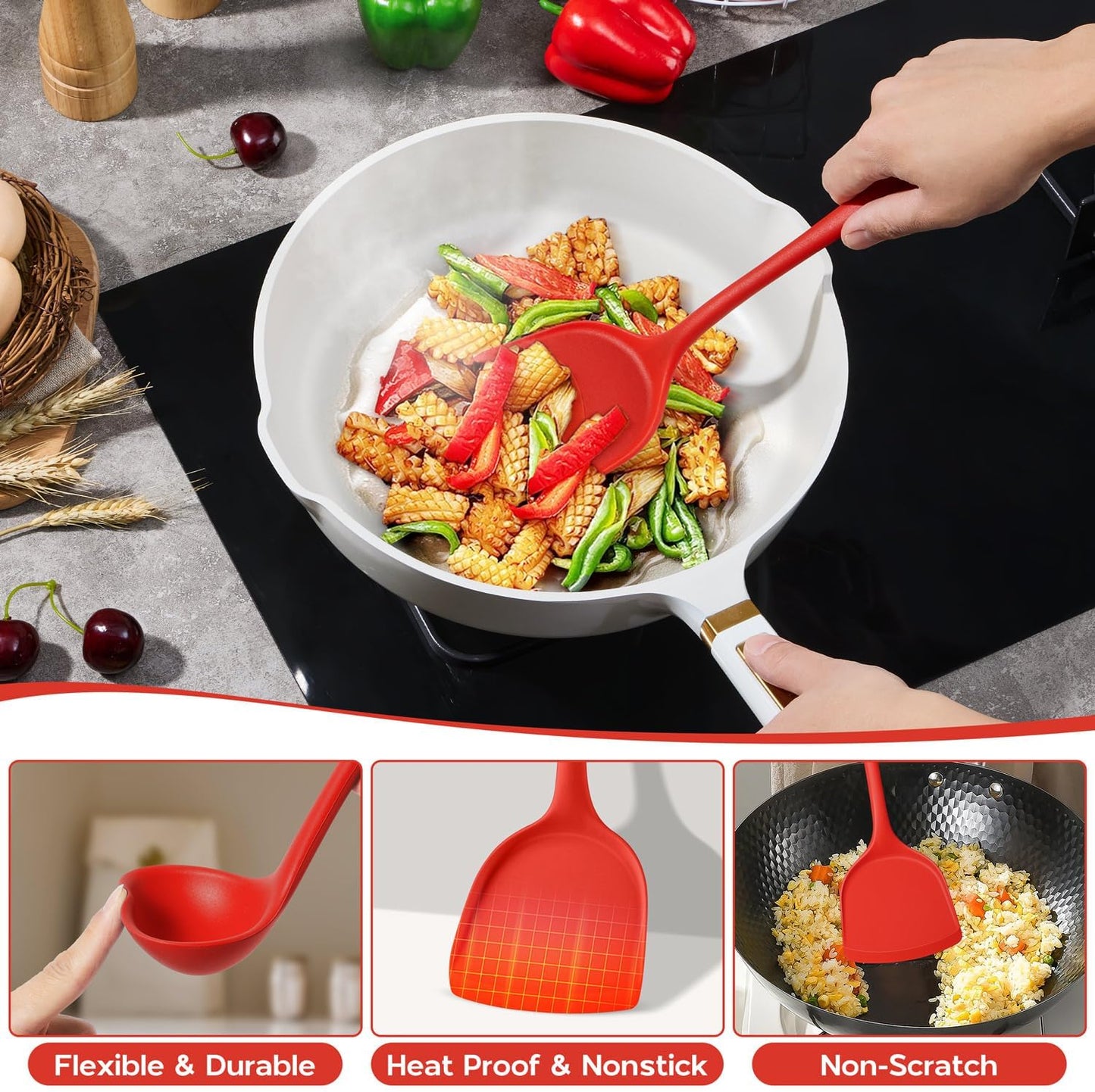 Set 6 Utensilios Cocina Silicona Rojos Antiadherentes