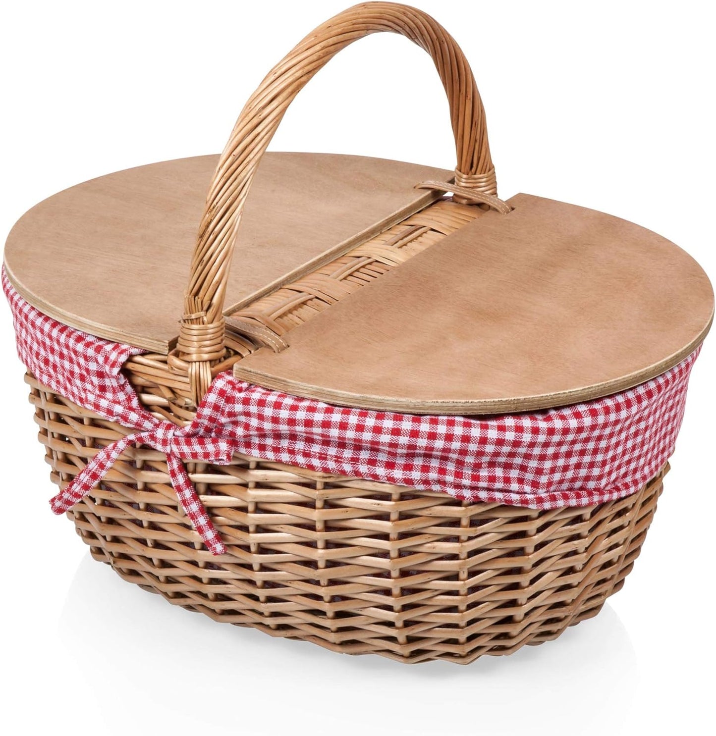 Cesta picnic tela cuadros blanco rojo