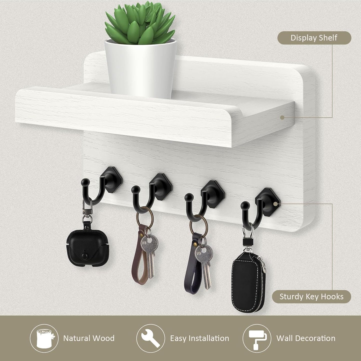 Soporte pared llaves madera 8.5" con 4 ganchos sala entrada
