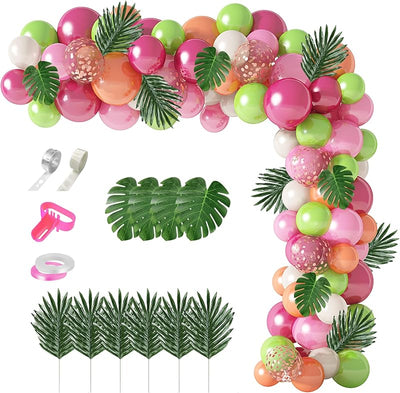 Kit guirnalda globos tropicales 117pzas rosa fuerte oro