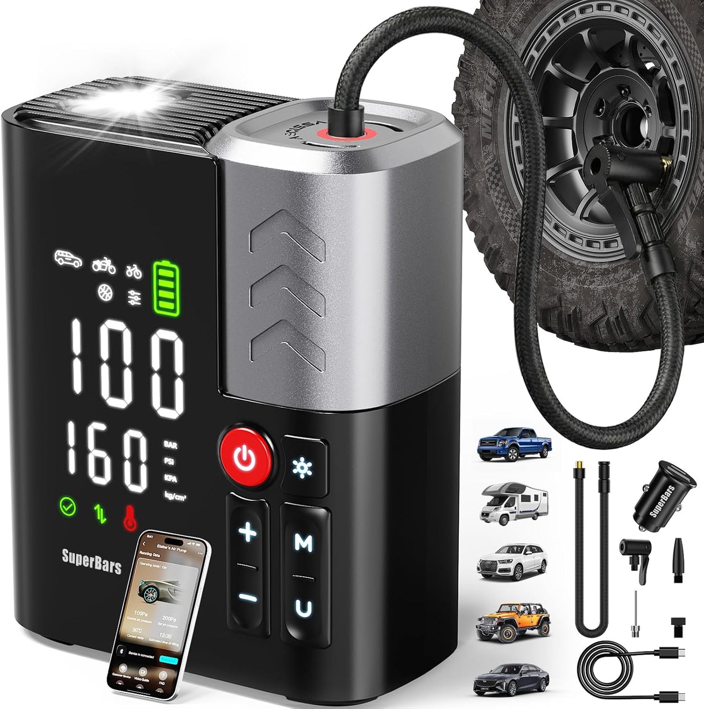 Inflador neumáticos 160 PSI 48 LPM batería 10400 mAh