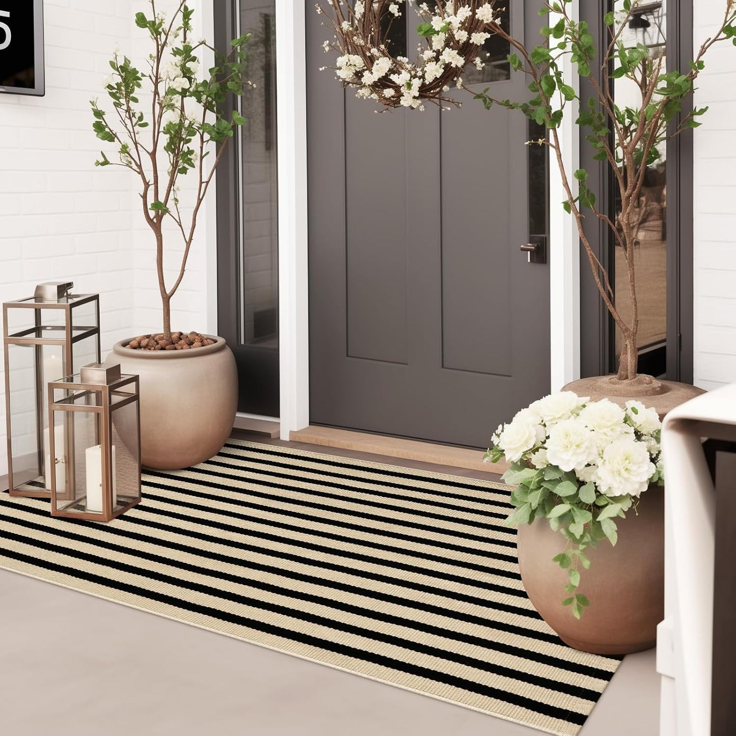 Tapete exterior 2x4.3ft reversible lavable rayas negras
