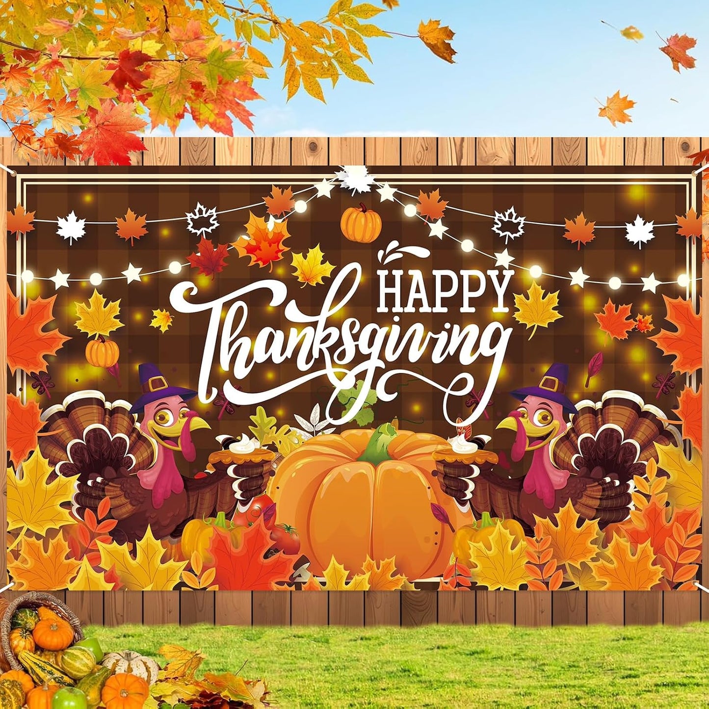 Cartel Acción de Gracias 72x44pulg Pavo Calabaza Decoración Pared