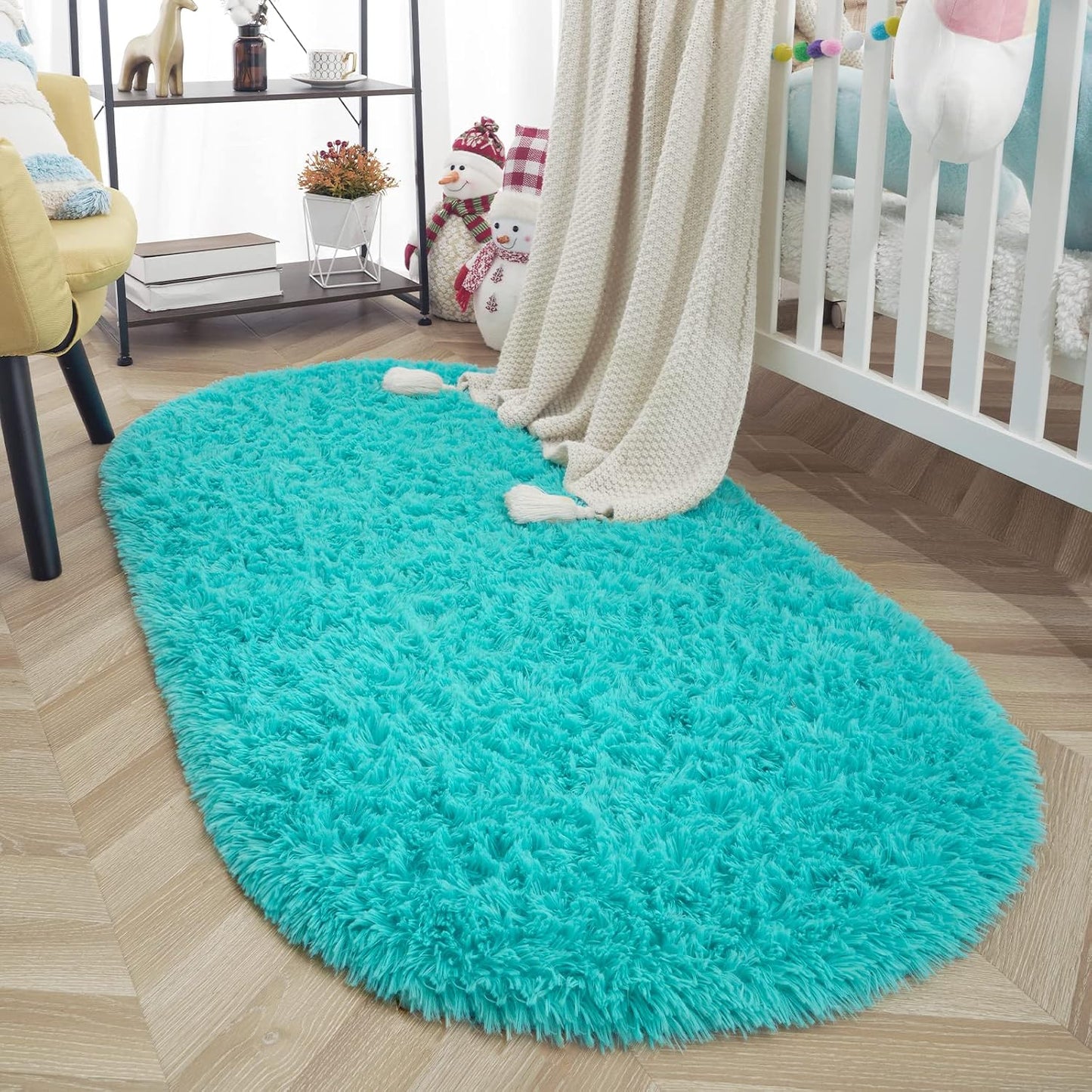 Alfombra ovalada lanuda para dormitorio niños 2.6x5.3ft azul