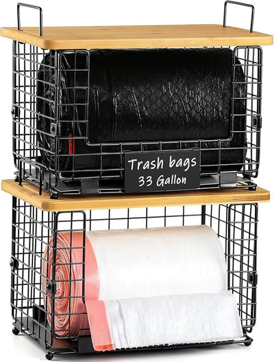 Soporte apilable para bolsas basura 13/30/33gal con etiquetas bambú