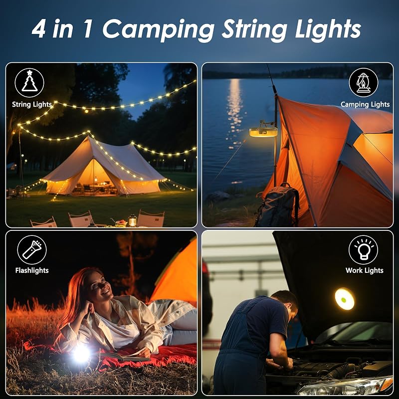 2 Luces Cadena Campamento 32.8ft 8 Modos Recargable