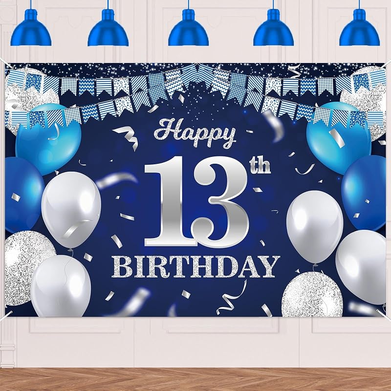 Cartel cumpleaños 13 años azul marino globos confeti