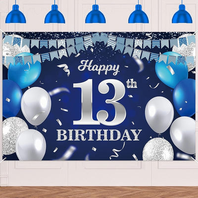 Cartel cumpleaños 13 años azul marino globos confeti