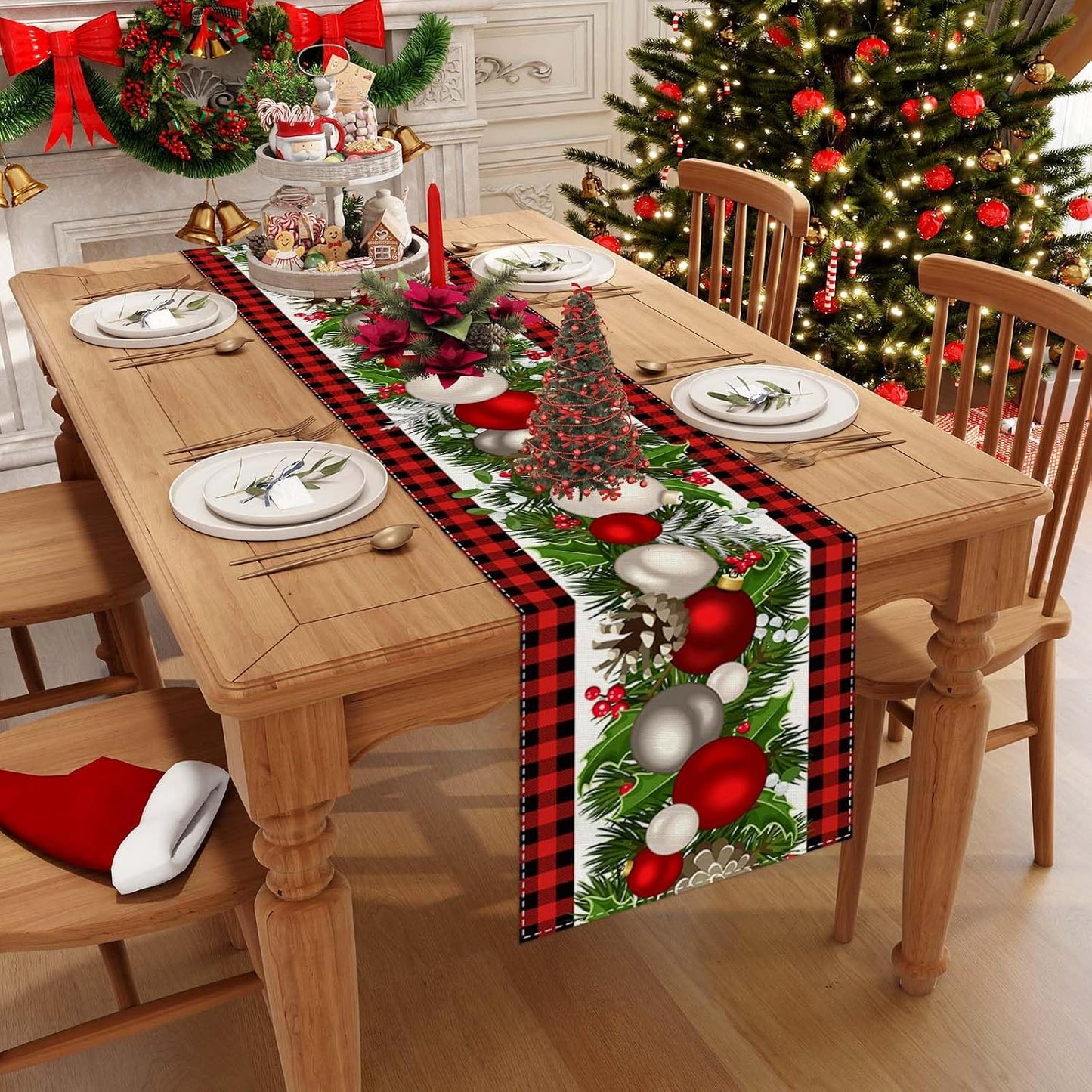 Mesa navidad lino cuadros búfalo rojo y negro 108pulg estilo granja